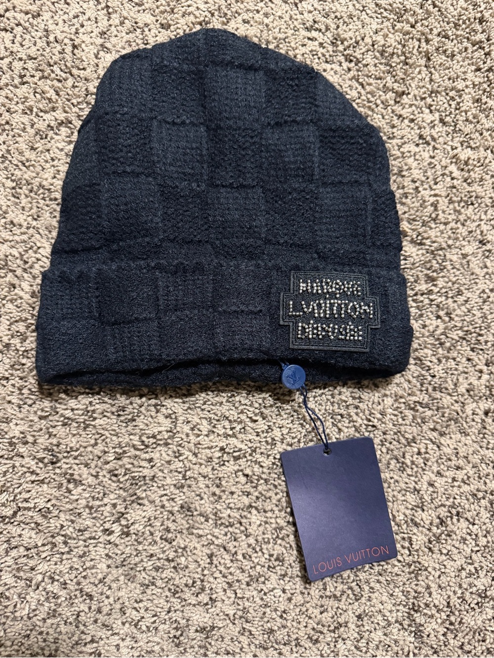 Louis Vuitton Men’s Navy Checker Knit Beanie
